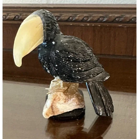 Hand Carved Toucan Bird Perched on Rock Earth Tone Colors - Picture 1 of 3